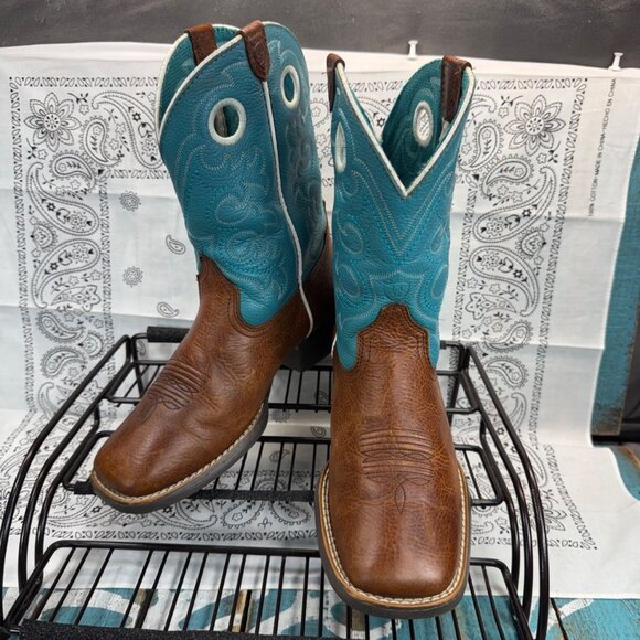 Ariat Crossfire Unisex Youth Size 2.5 Teal Blue Brown Cowboy Boots 10005989 - Picture 1 of 10